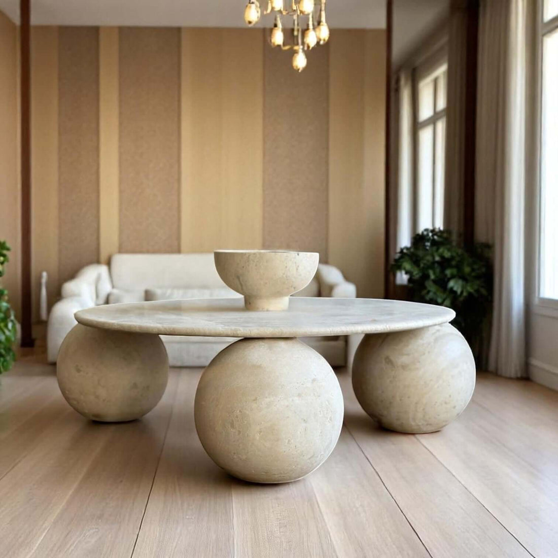 Luxury travertine marble coffee table with spherical legs, perfect for elegant living room decor.