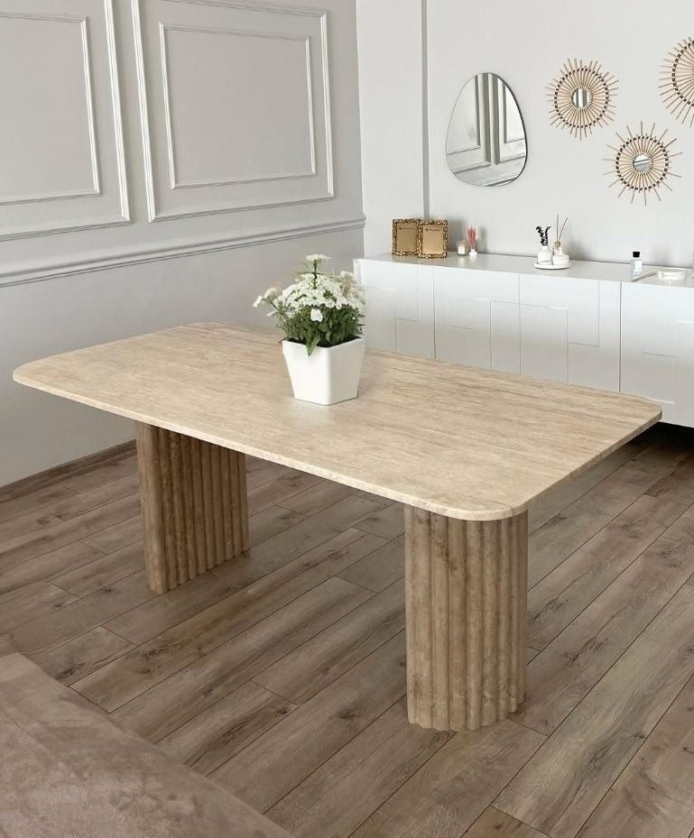 Exclusive Travertine Dining Table - Luxury Design with Semicircular Column Legs